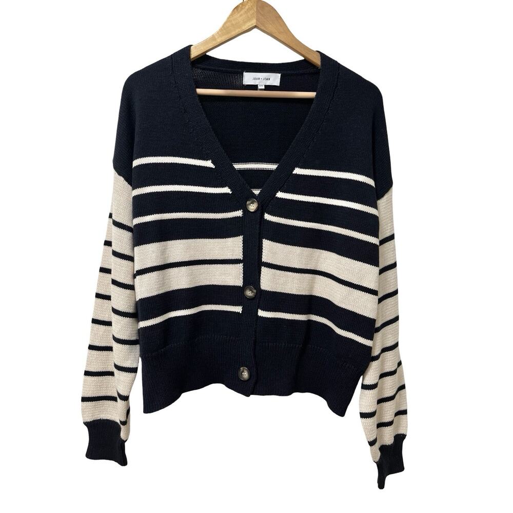 John + Jenn Womens Stripe Cotton Cardigan Size M Navy Nautical Preppy Academia